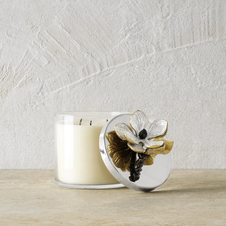 Michael Aram vintage bloom candle, metal holder with vintage floral design, for nostalgic home decor.