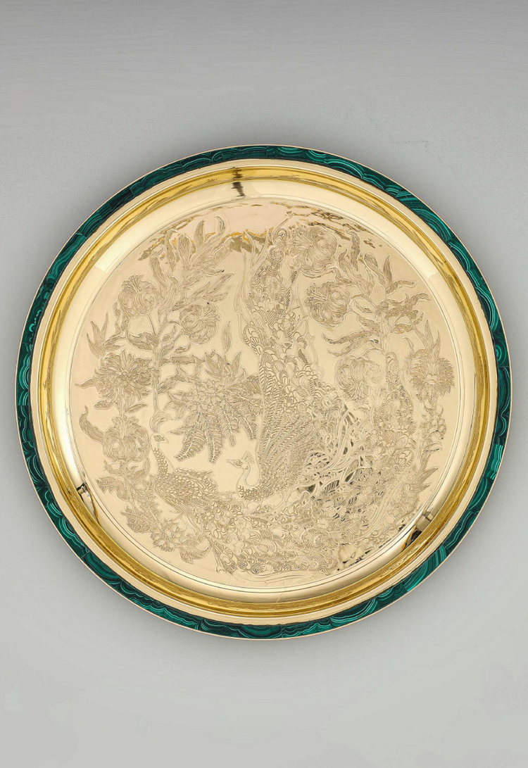 Side Plate, Peacock In City Palace, etched brass with malachite 15"