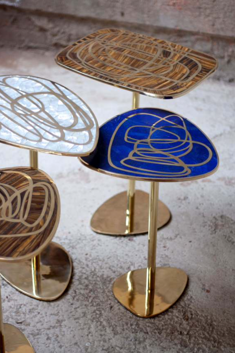 Cocktail Table, Scribble, Brass with White Mother-of-Pearl Inlay
