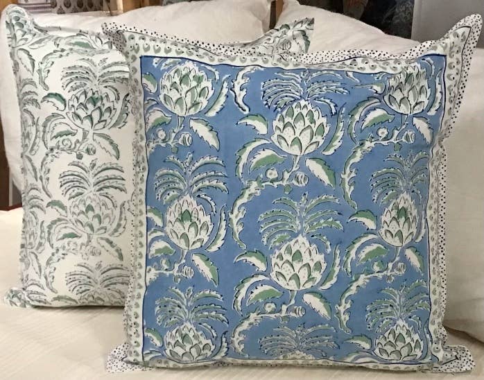 Refined Thistle Blue Block Print Pillow 24x24 with Insert