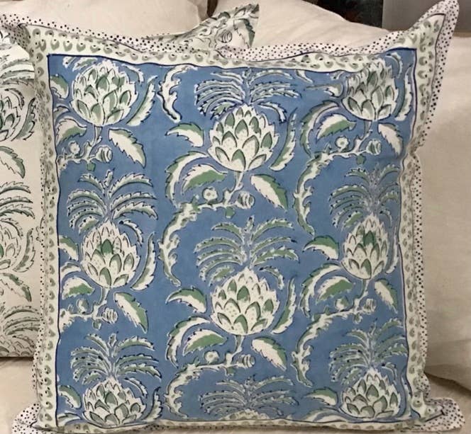 Refined Thistle Blue Block Print Pillow 24x24 with Insert