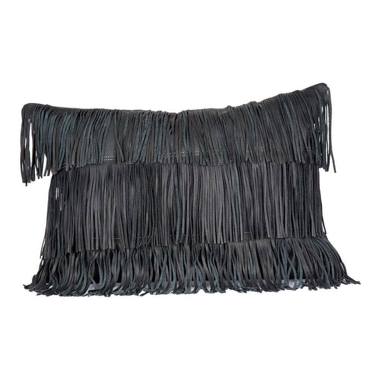 Modern Black Leather Fringe Pillow 27x20 with insert