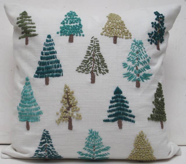 Whimsical Alpine Trees Embroidered Pillow 16x16 with insert
