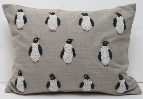 Whimsical Penguin Sand Embroidered Pillow 12x16 with insert