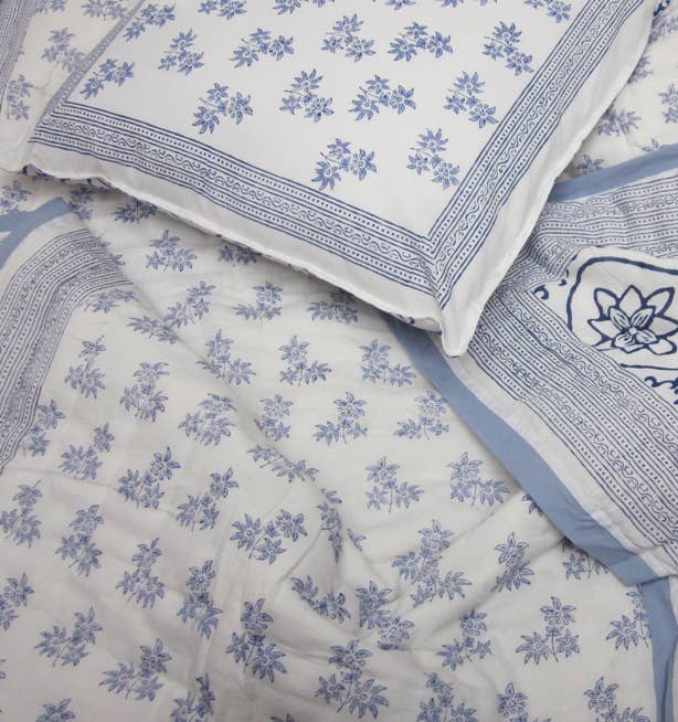 Handblock Printed Pillowcover Jasmine Blue, King