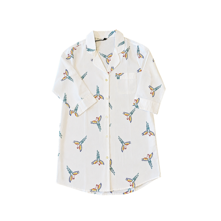 Parrot (Large) Cotton PJ Button Down Shirt with Embroidery, Long Sleeve