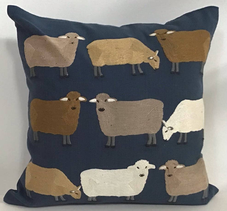 Pillow Applique/Embo 16" Sheep Pasture on Navy