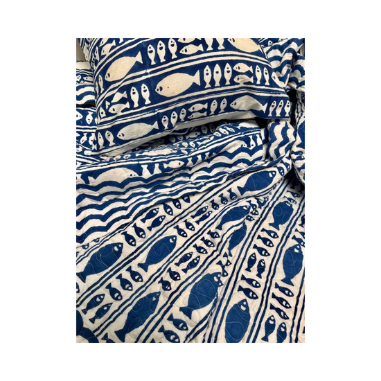 Quilted throw blanket 70x90 Striped Fish Blue and white striped bedspread with nautical fish print