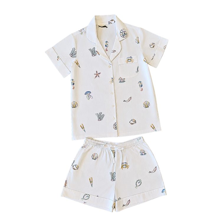 Ocean (XL) Cotton PJ Set With Embroidery, Short sleeve + shorts