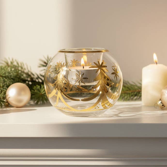 Blown Glass Candle Holder - Christmas Silver & Gold