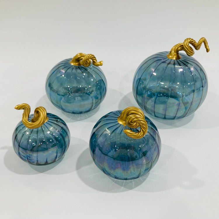 Blown Glass Tabletop Pumpkin - Iridescent Teal: Mini