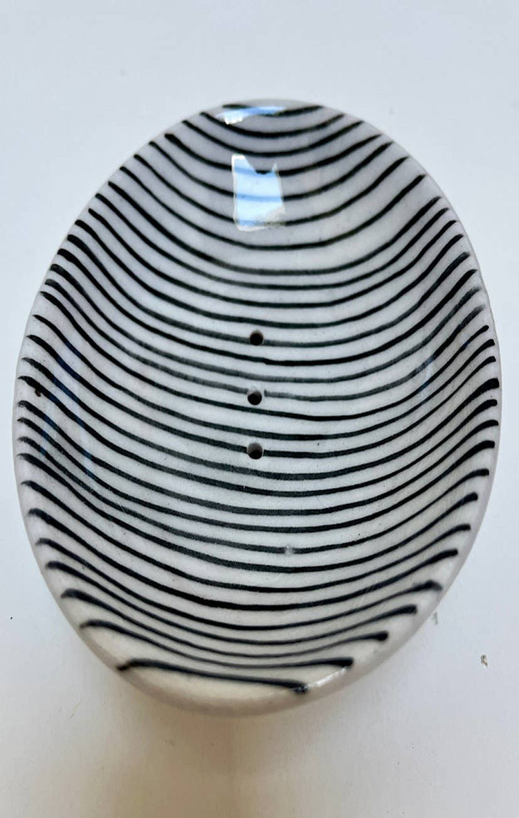 Pottery Soap Dish Med Striped Black