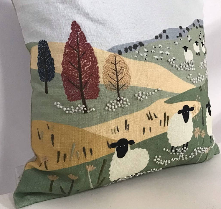 Pillow Applique/Embo 16" Wandering Sheep in a Meadow