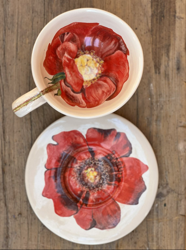 Hand Painted Botanical Tea cup and saucer in Rose