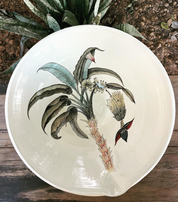 Hand Painted Botanical Mixing Serving Bowl in banana tree