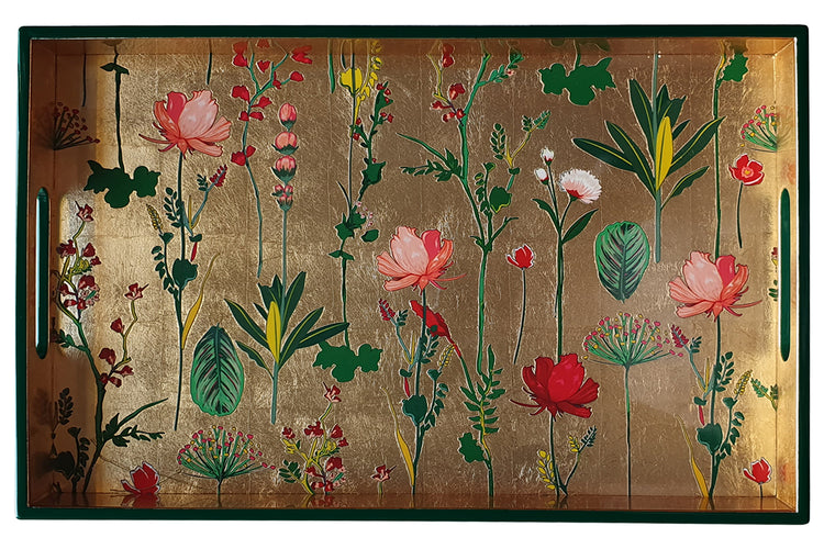 Decorative lacquered wood tray, rectangle, gold and flowers by Les Ottomans