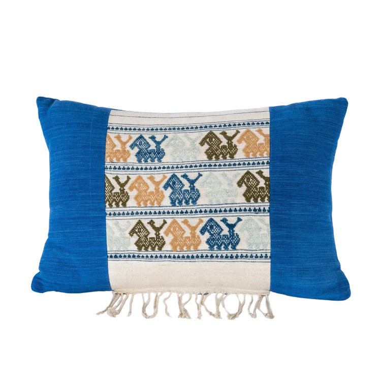 Luang Prabang Pillow, Blue with Fringe