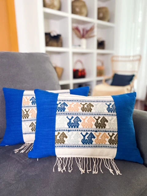 Luang Prabang Pillow, Blue with Fringe