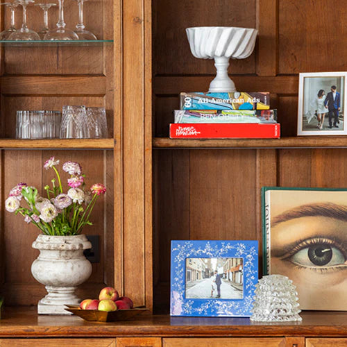 Luxury 5x7 Blue Chinoiserie Patterned Lacquer Photo Frame, Velvet Backed, by Addison Ross