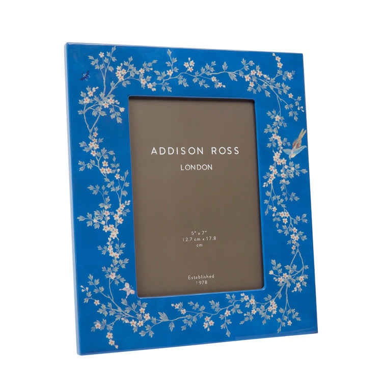 Luxury 5x7 Blue Chinoiserie Patterned Lacquer Photo Frame, Velvet Backed, by Addison Ross