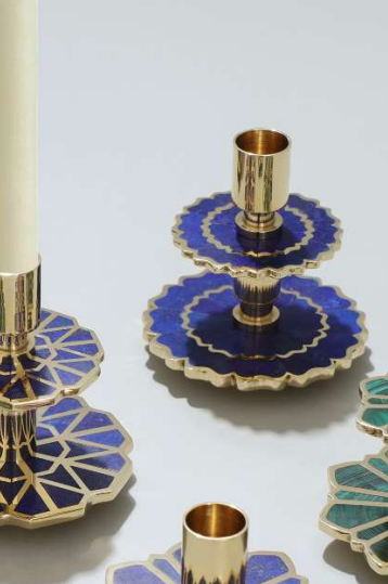 Candlestand, Mughal, Brass with Lapis Lazuli, 4"x4"