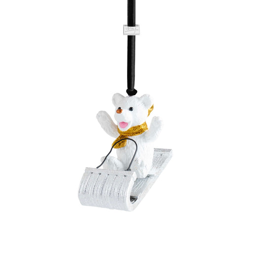 Michael Aram sledding teddy ornament, metal with playful design, for whimsical decoration.