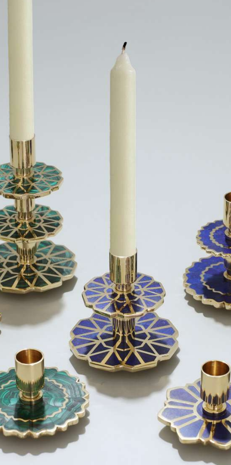 Candlestand, Mughal, Brass with Lapis Lazuli, 4"x4"