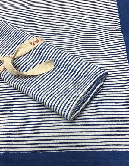 Striped Blue Hand Block Print Round Tablecloth 85 inch