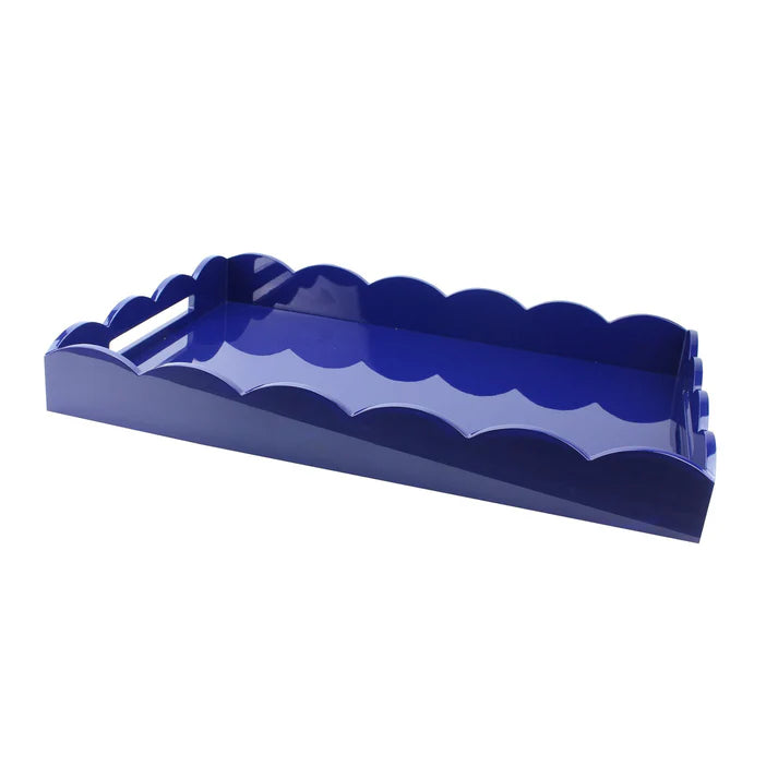 Large 26"x17" Navy Blue Scalloped Lacquer Ottoman/Serving Tray, by Addison Ross