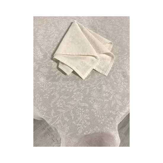 Adorn White on White 86inch round tablecloth. Subtle textured design, sustainable fabric. Elegant and versatile. Textural whites
