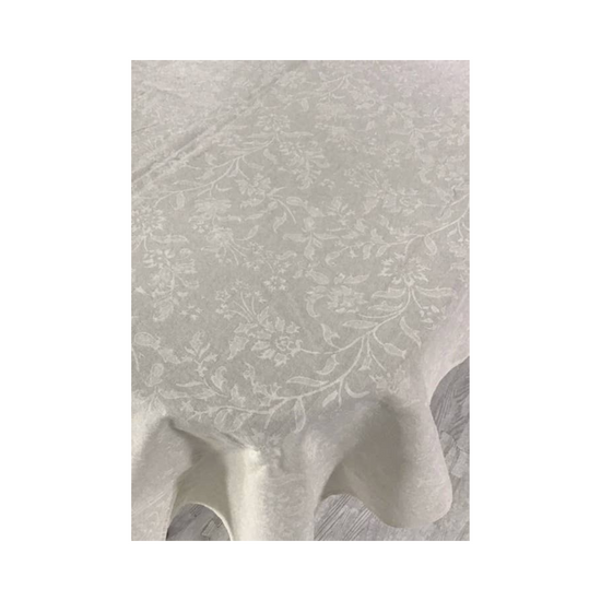 Adorn White on White 86inch round tablecloth. Subtle textured design, sustainable fabric. Elegant and versatile. Textural whites