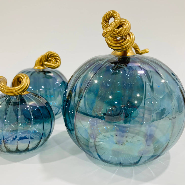 Blown Glass Tabletop Pumpkin - Iridescent Teal: Mini