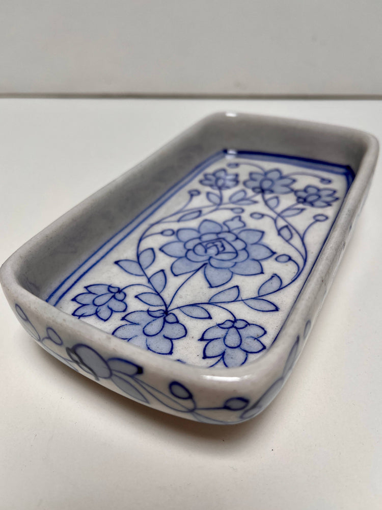 Pottery Soap Dish Floral Blue