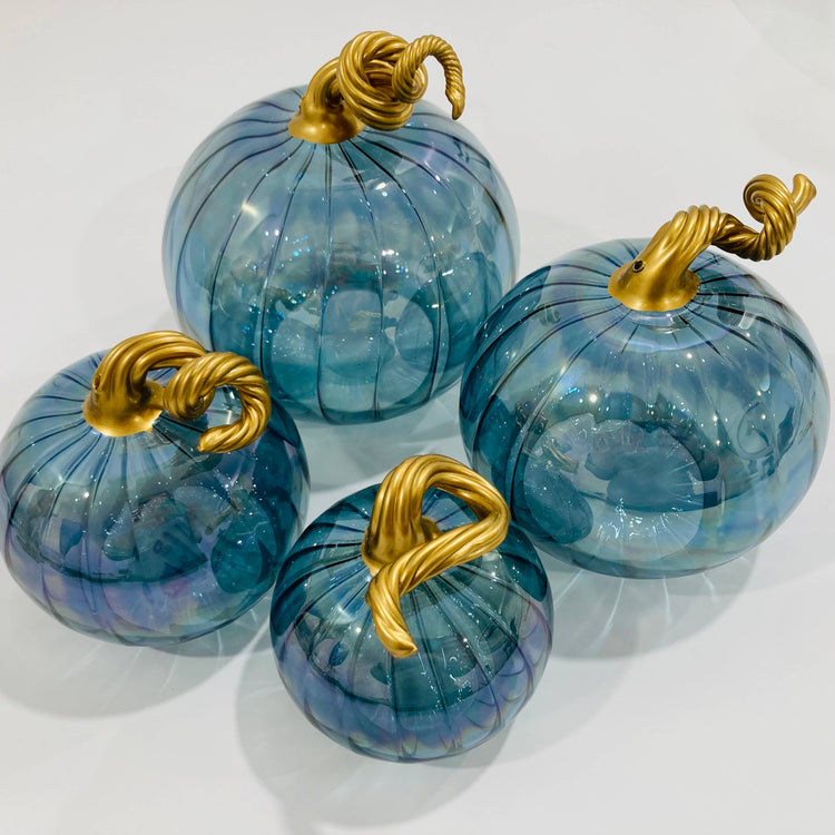 Blown Glass Tabletop Pumpkin - Iridescent Teal: Mini