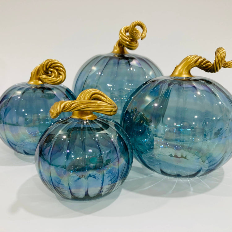 Blown Glass Tabletop Pumpkin - Iridescent Teal: Mini