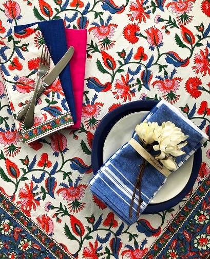 Chamoli Flower Blue Block Print Tablecloth (60"x120")