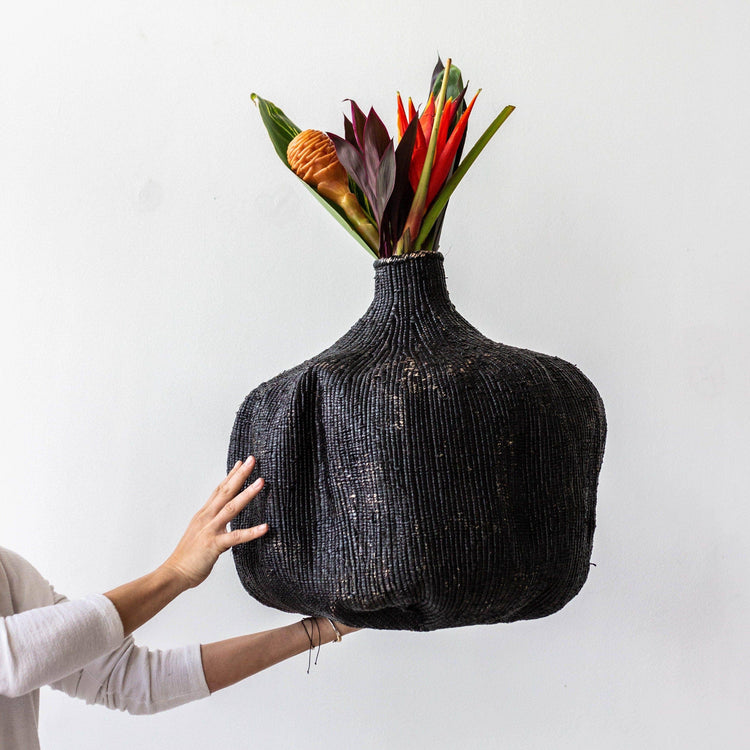 Hand-Painted Garlic Gourd Basket: Black / Small