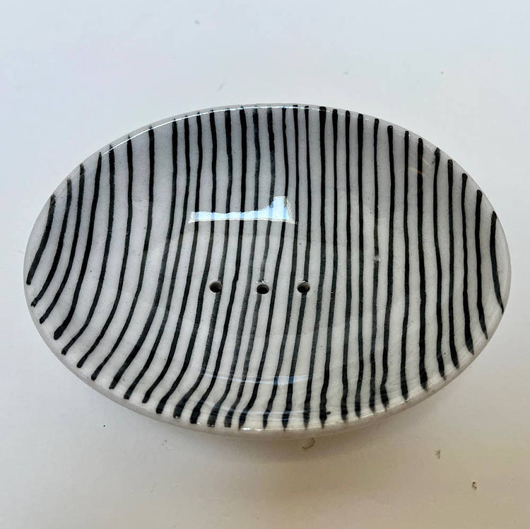 Pottery Soap Dish Med Striped Black