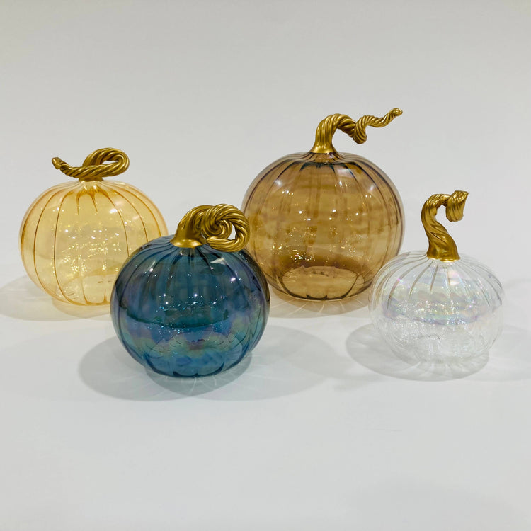 Blown Glass Tabletop Pumpkin - Iridescent Teal: Mini