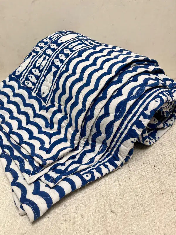 Quilted throw blanket 70x90 Striped Fish Blue