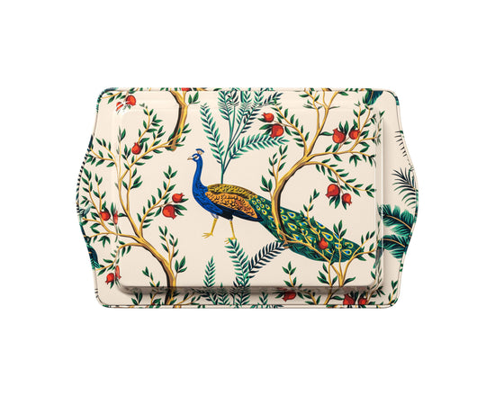 Floral and peacock patterned clutch bag on a white background