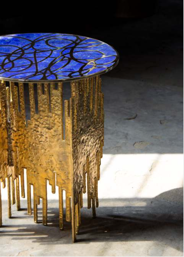 Side Table, Golden Phoenix, Brass with Lapis Lazuli Inlay