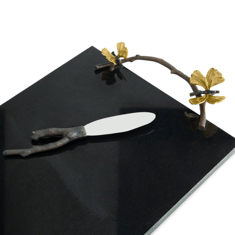 Butterfly ginkgo cheeseboard with knife (black granite)