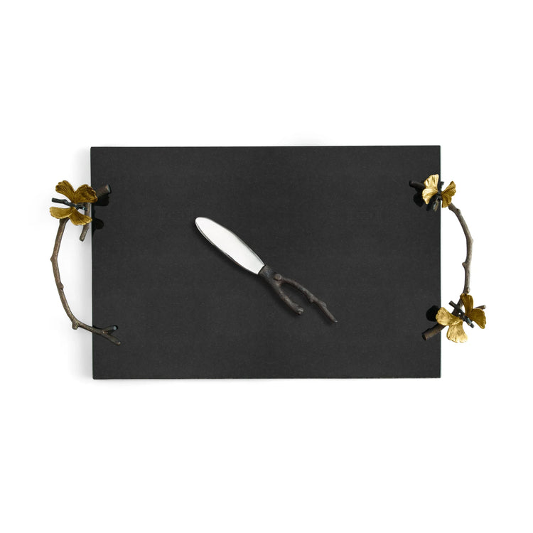 Butterfly ginkgo cheeseboard with knife (black granite)