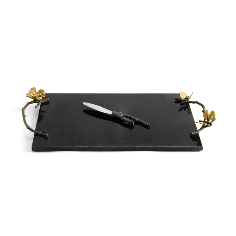 Butterfly ginkgo cheeseboard with knife (black granite)