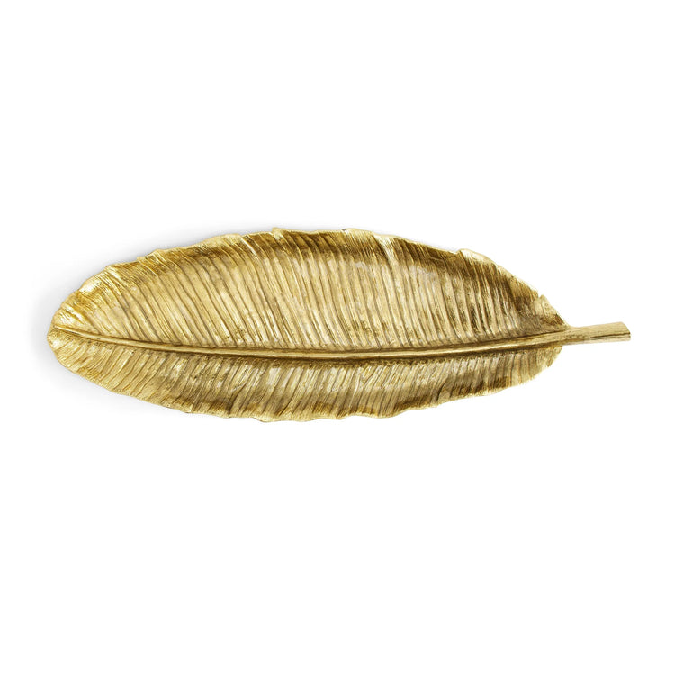Michael Aram large banana platter, gold metal with banana leaf design, tropical serving piece