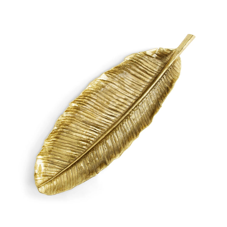 Michael Aram large banana platter, gold metal with banana leaf design, tropical serving piece