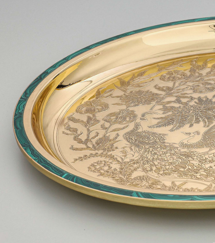 Side Plate, Peacock In City Palace, etched brass with malachite 15"