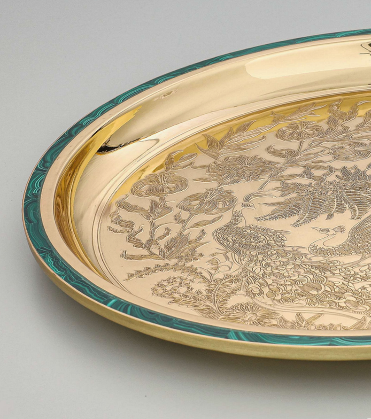 Side Plate, Peacock In City Palace, etched brass with malachite 9"