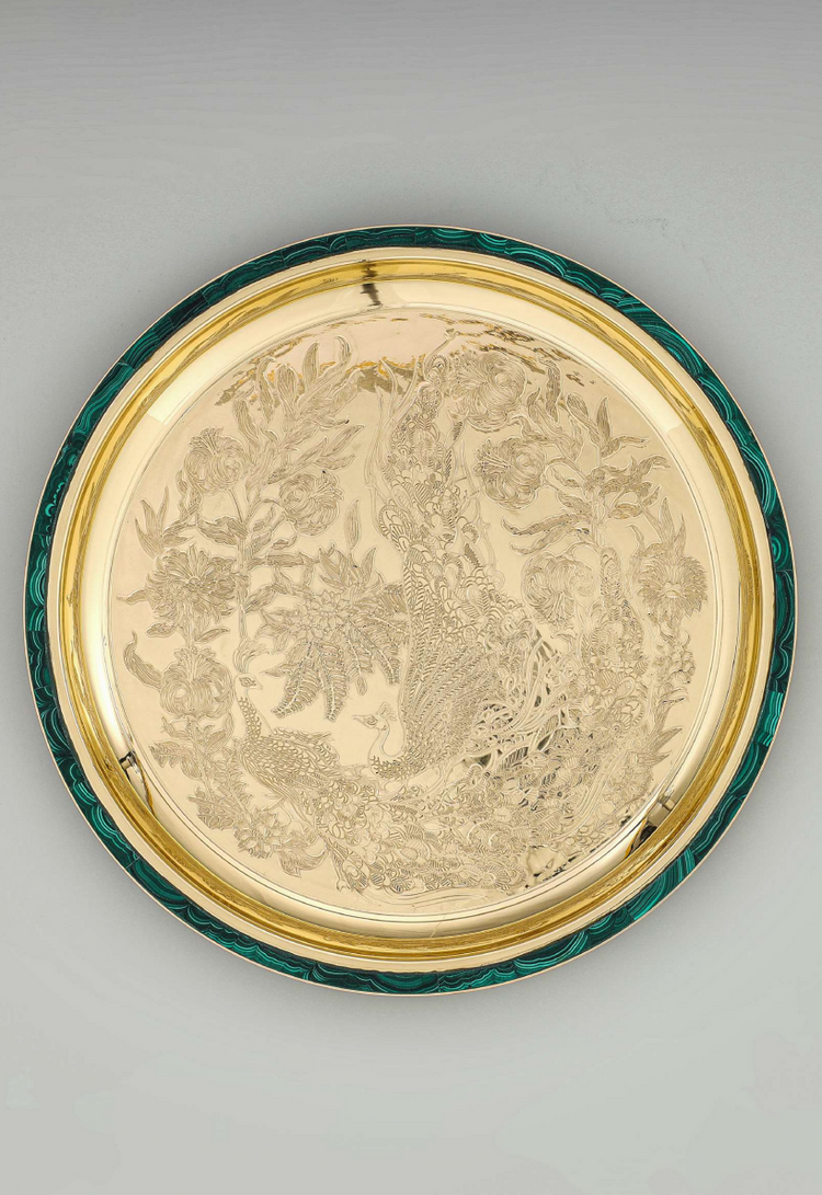 Side Plate, Peacock In City Palace, etched brass with malachite 13"